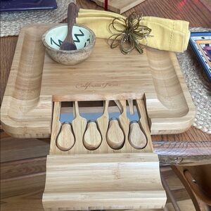 California Picnic Bamboo Cheese Board Set w/ adorable Danica Studio bowl & spoon